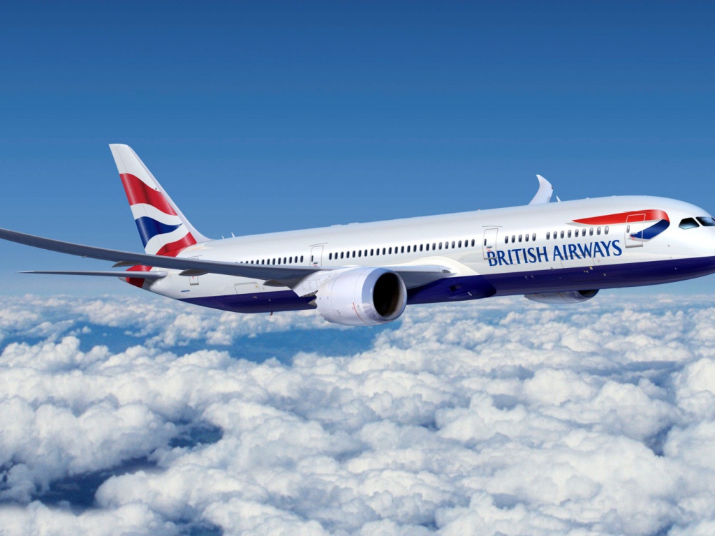 The Boeing 777 of British Airways flying above the clouds