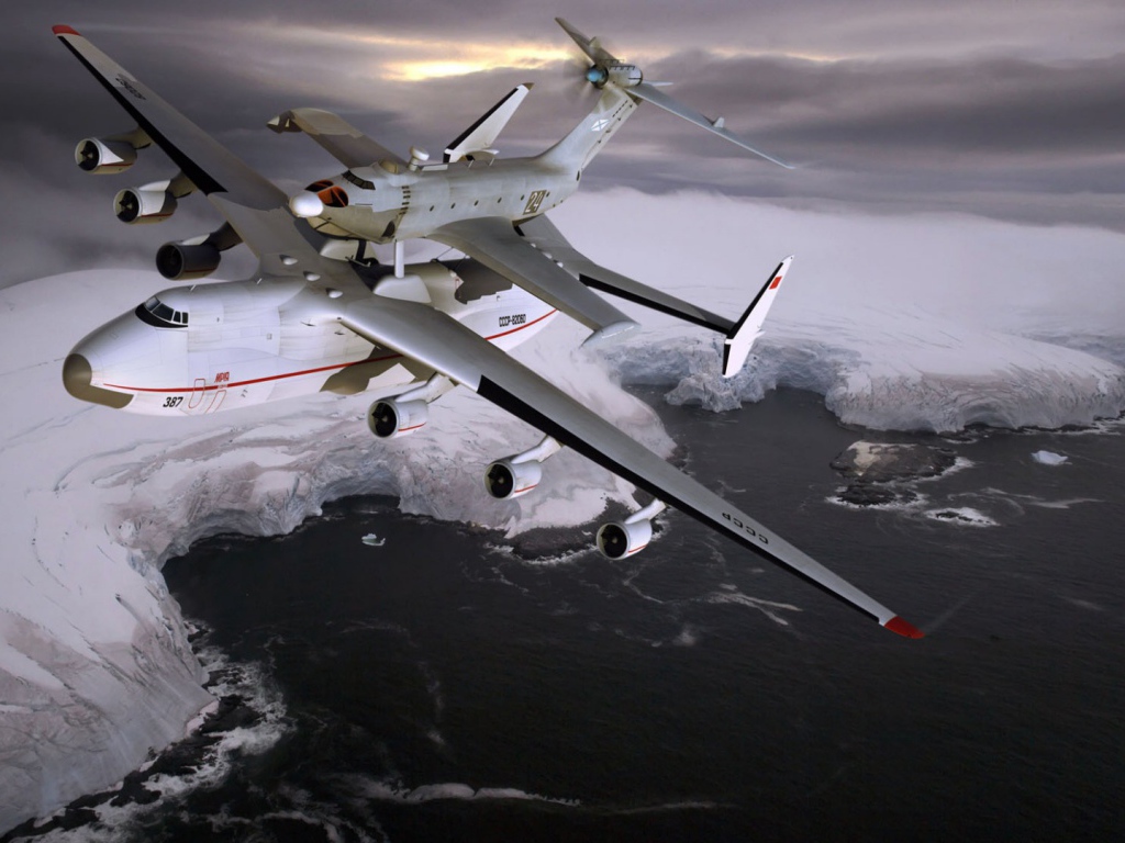 Полет транспортного самолета АН-225 Мрия над  Северным ледовитым океаном