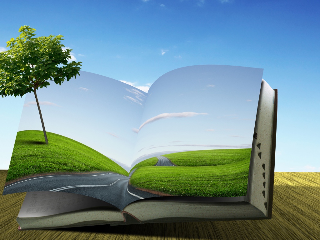 Зеленое дерево растет из книги на фоне голубого неба