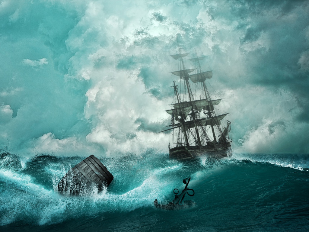 A pirate ship in a stormy ocean during a storm