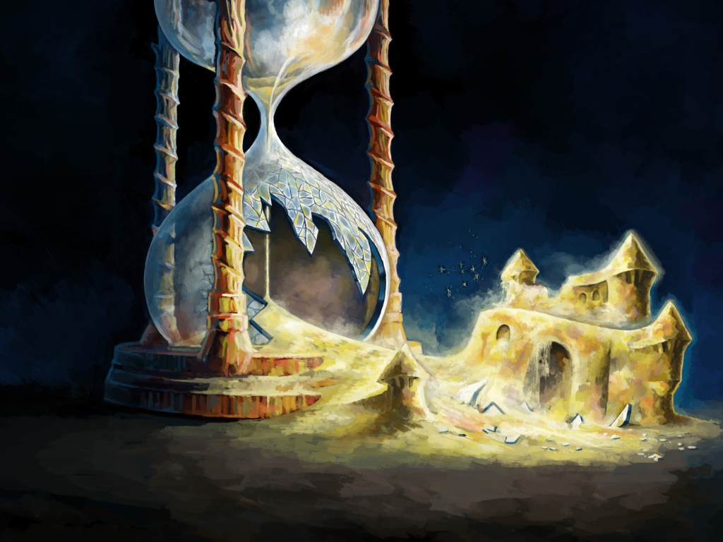 Разбитые песочные часы с замком из песка 