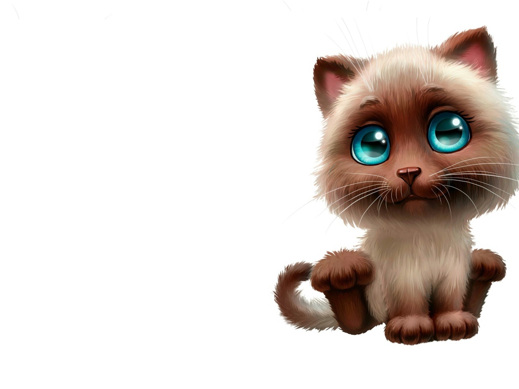 Нарисованный милый котенок с большими глазами на белом фоне