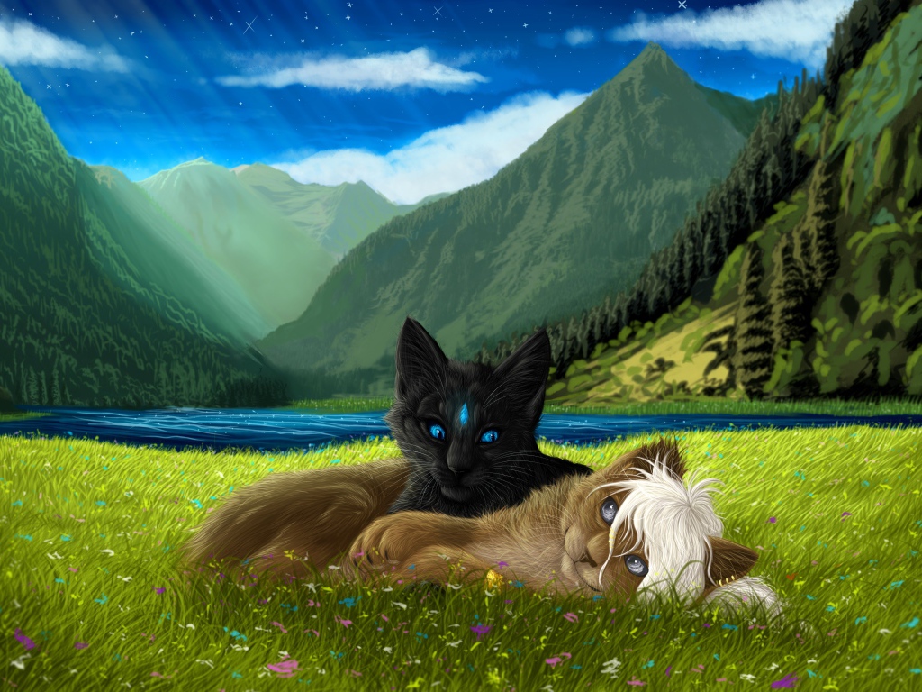 Две нарисованные кошки лежат на зеленой траве на фоне гор