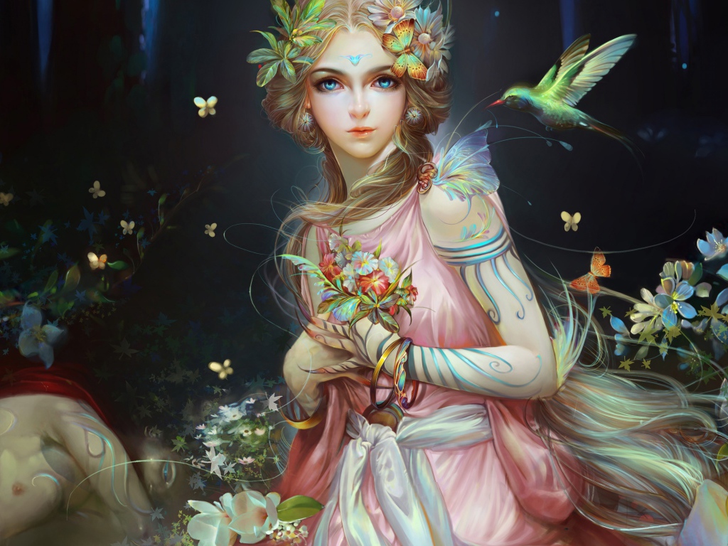 Красивая фантастическая девушка с необычными цветами