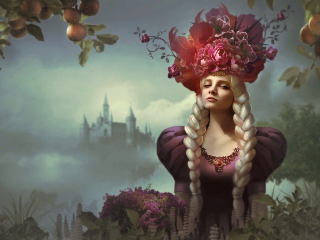 Красивая девушка с длинными волосами и цветами на голове, фэнтези