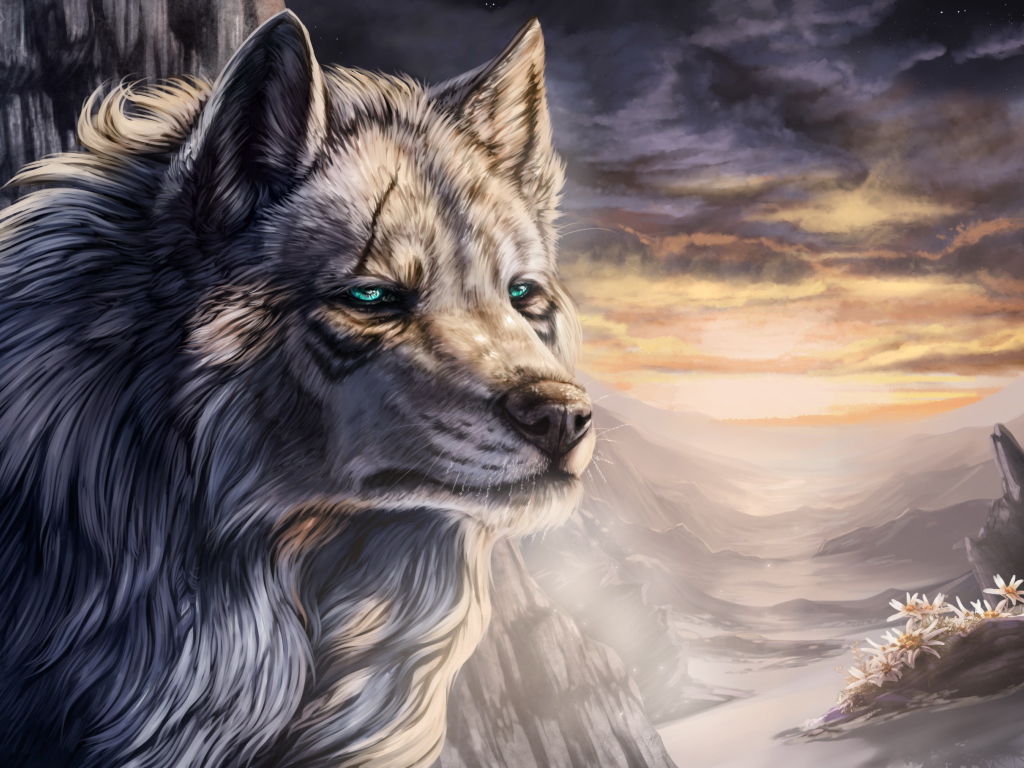 Большой фантастический волк с зелеными глазами