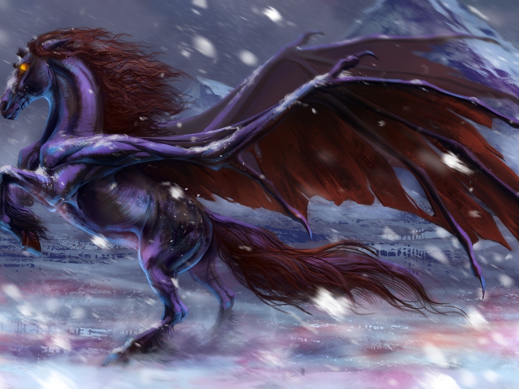 Фантастический черный конь с крыльями 