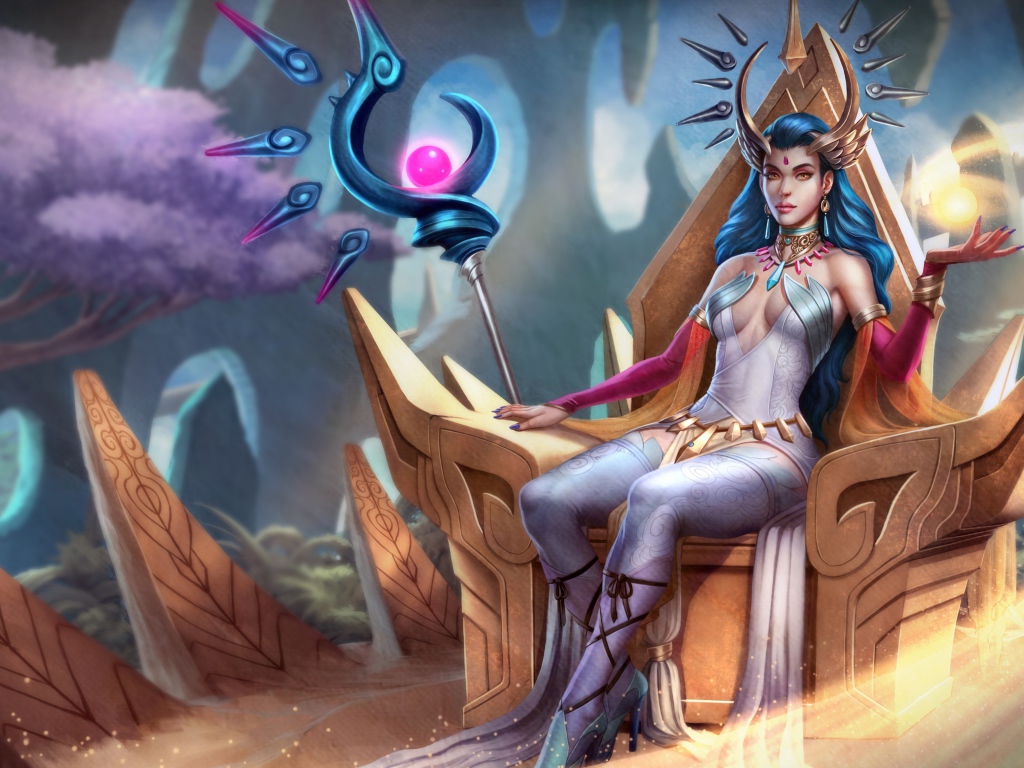 Фантастическая девушка маг сидит на троне