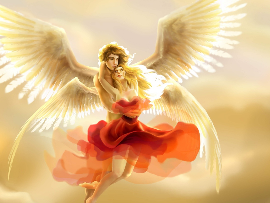 Влюбленная пара ангелов в небе