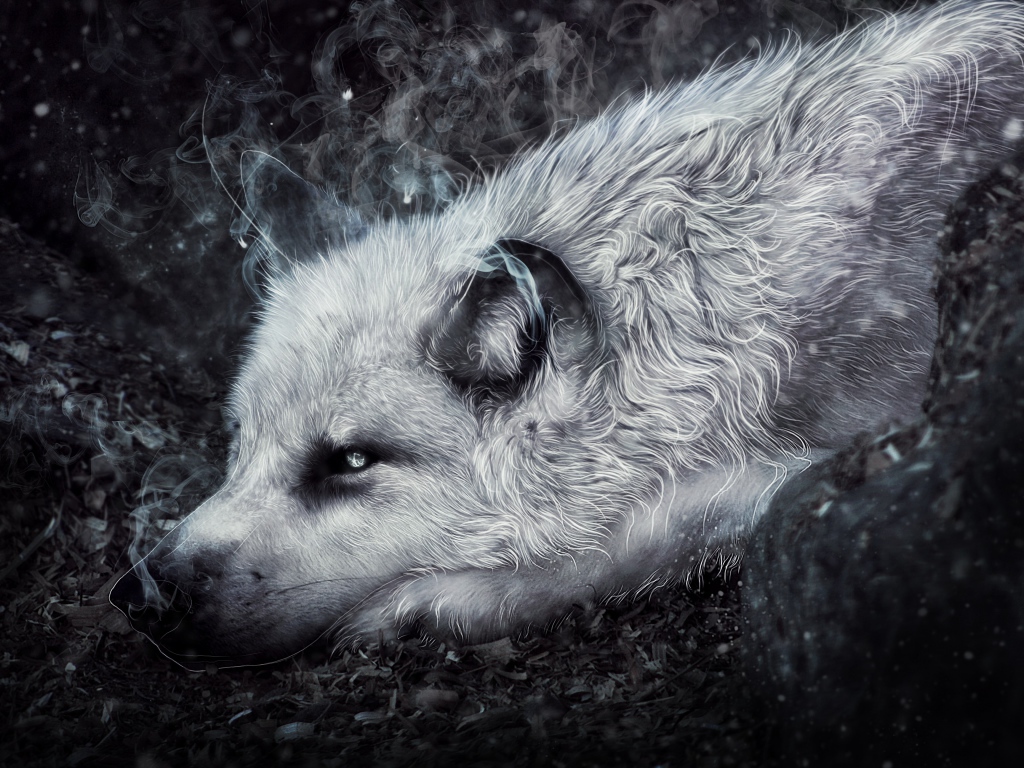 Фантастический волк лежит на земле