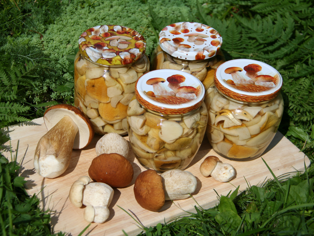 Консервированные грибы в банках на разделочной доске со свежими