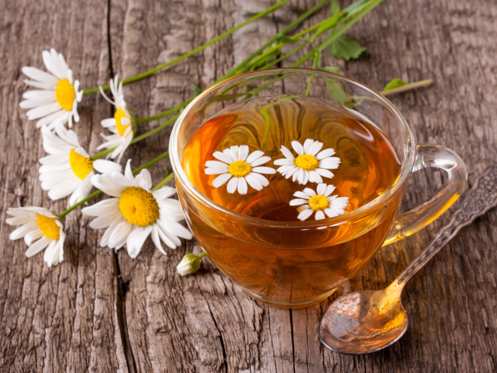 Стеклянная чашка чая с ромашкой