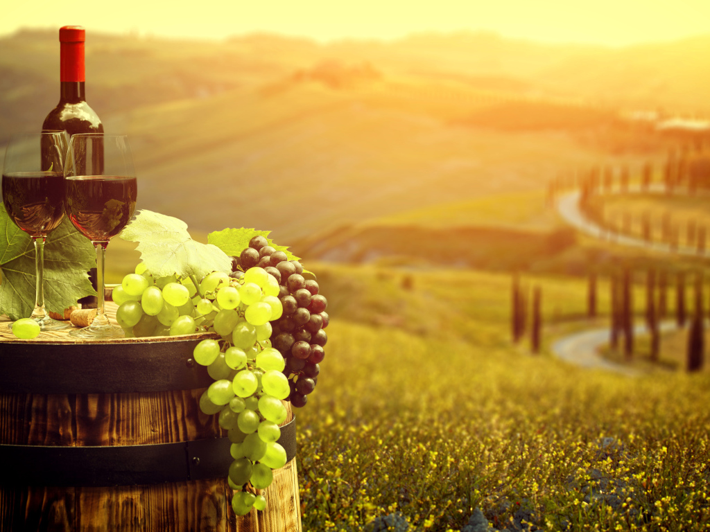 Два бокала с красным вином и свежий виноград на бочке 