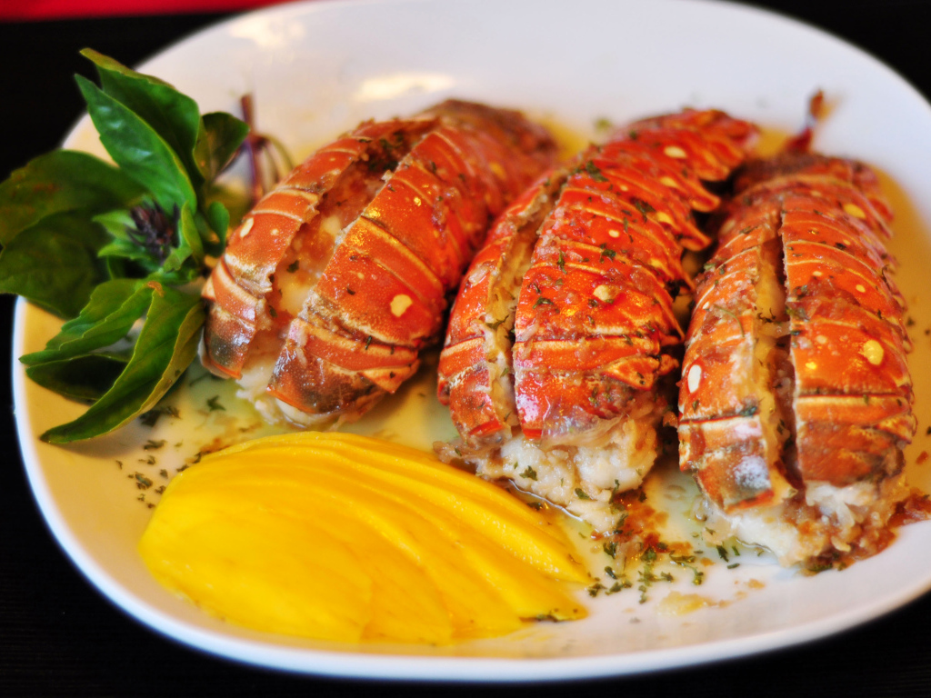 Омар с овощами на белой тарелке 