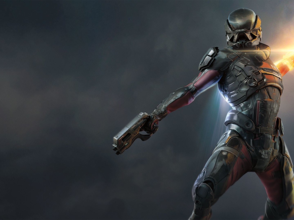 Персонаж игры Mass Effect Andromeda с оружием 