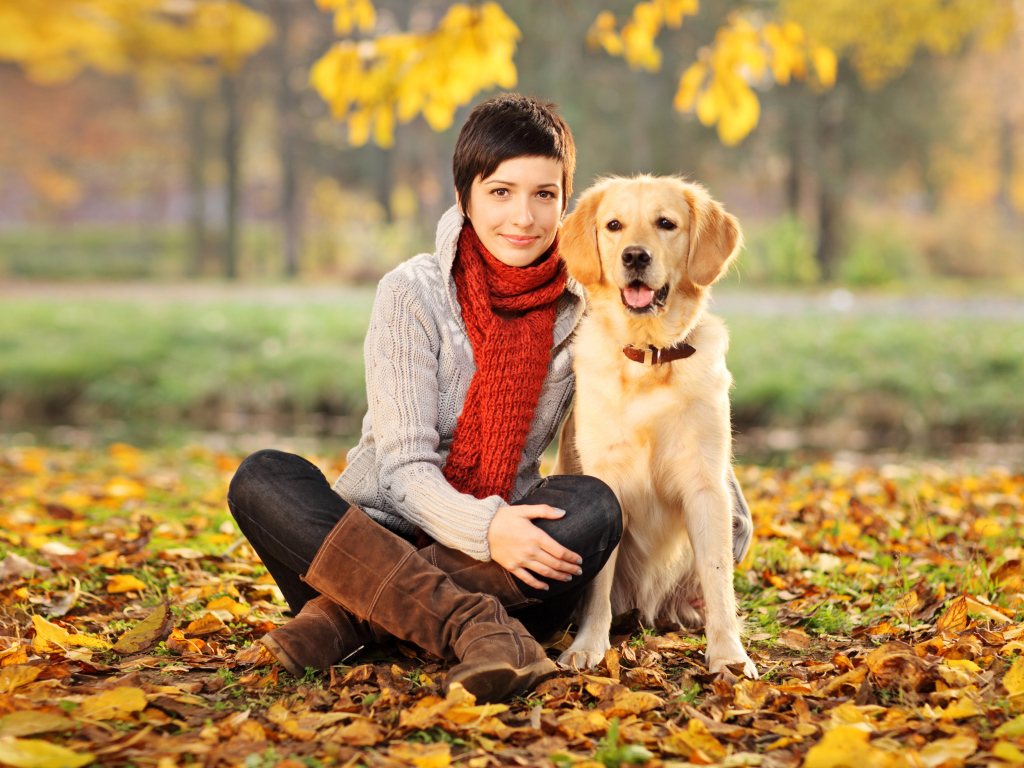 Красивая девушка с собакой породы золотистый ретривер 