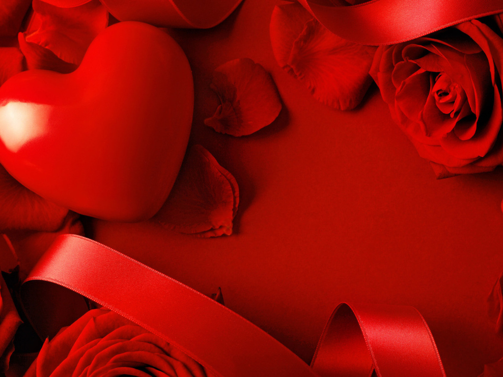 Красное сердце в лепестках красной розы  