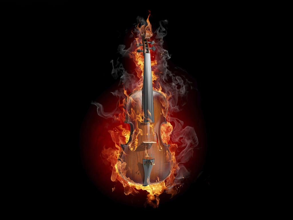 Пылающая огнем скрипка на черном фоне