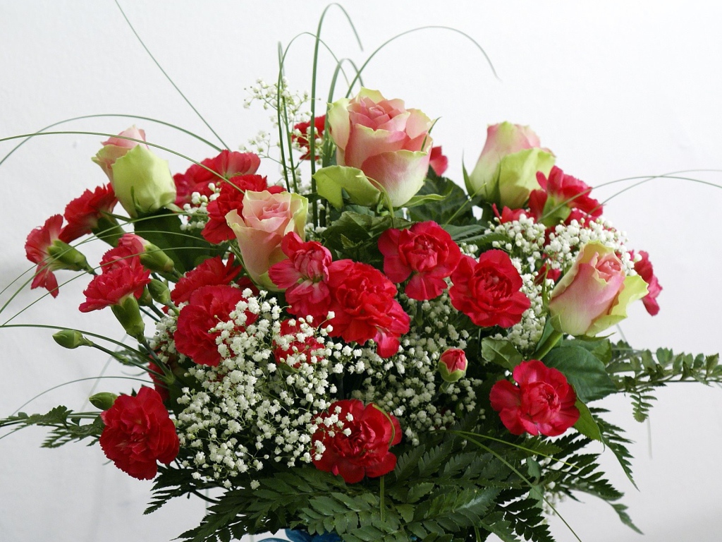 Букет роз с гвоздиками и зеленью на белом фоне