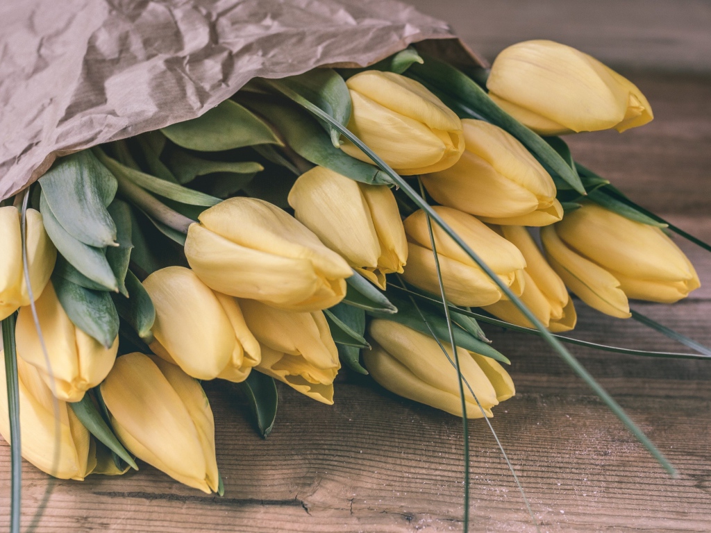 Большой букет желтых тюльпанов в бумаге 