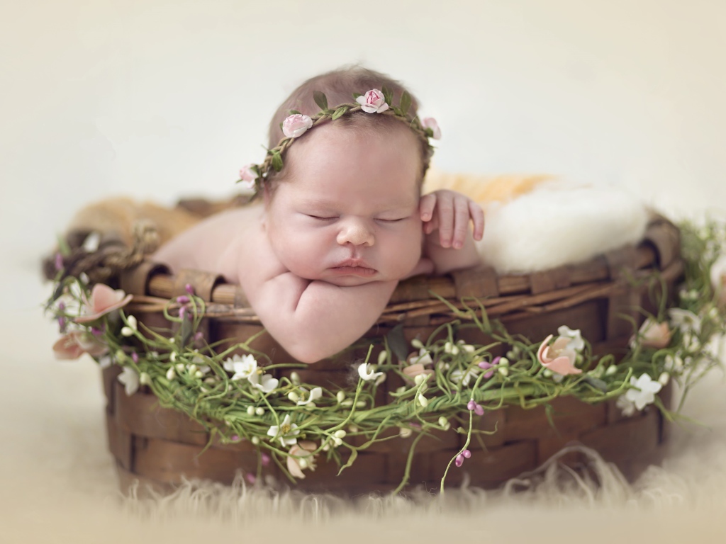 Маленький спящий младенец в корзине 