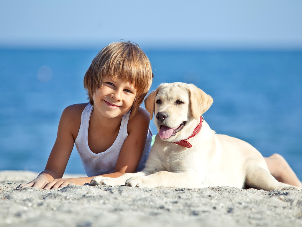 Симпатичный мальчик со щенком ретривера лежат на песке на пляже