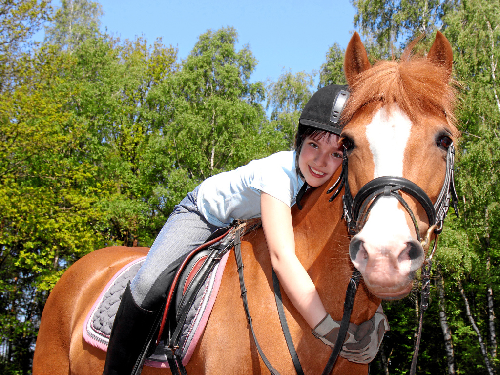 Маленькая девочка сидит на коричневой лошади