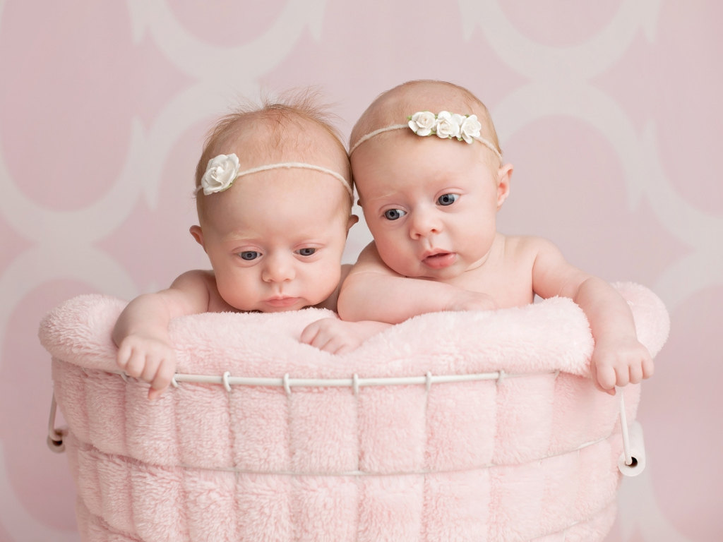 Два младенца близнеца девочки в корзине