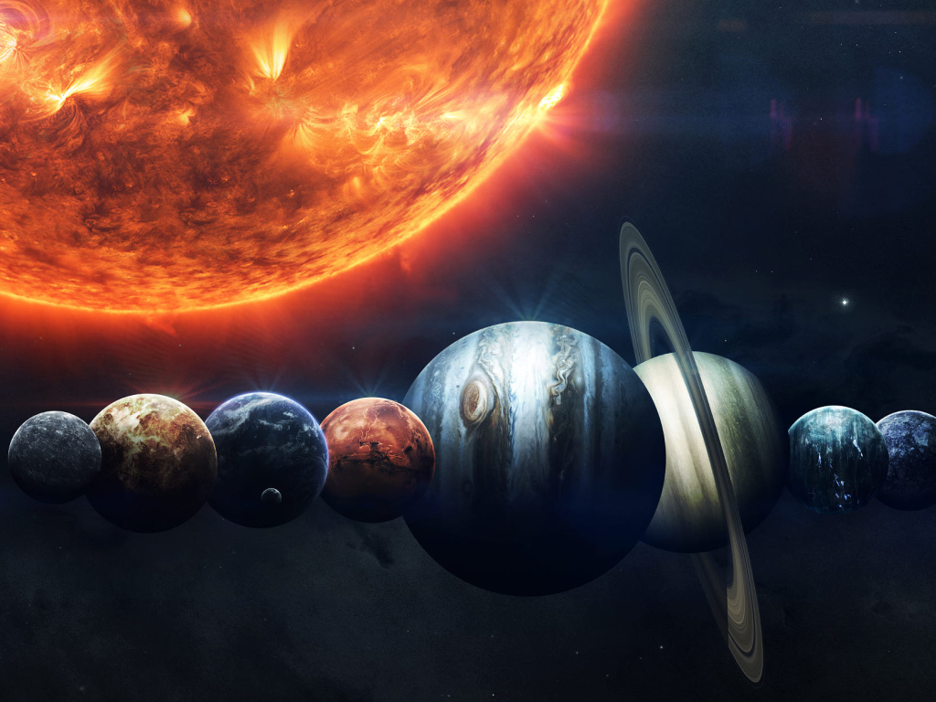 Планеты солнечной системы выстроились в ряд рядом с солнцем