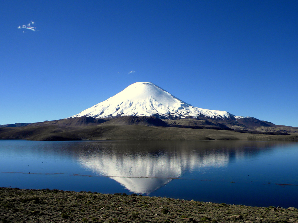Озеро Чунгара на фоне заснеженной вершины вулкана Сахама, Чили 