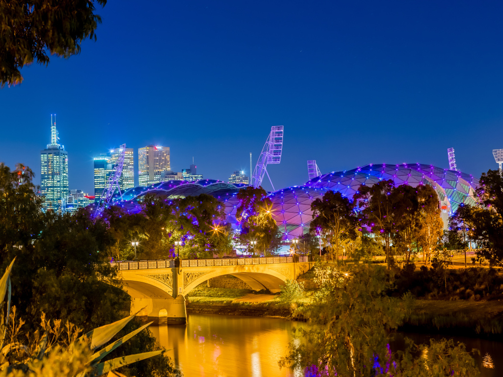 Beautiful night buildings near the river city of Melbourne. Australia