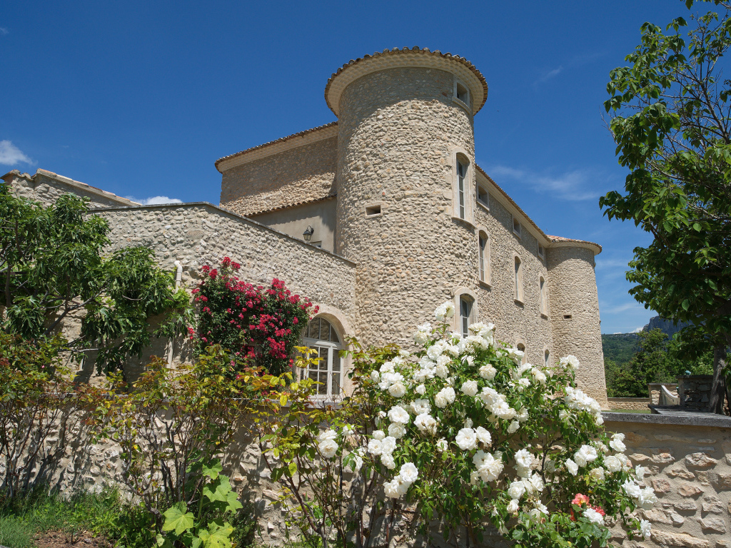 Цветущие кусты роз у стен  замка Murs. Франция