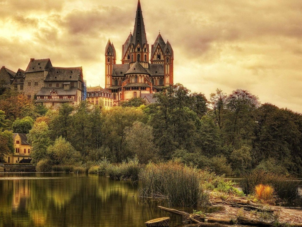 Ancient Limburgsky cathedral by the lake, Germany