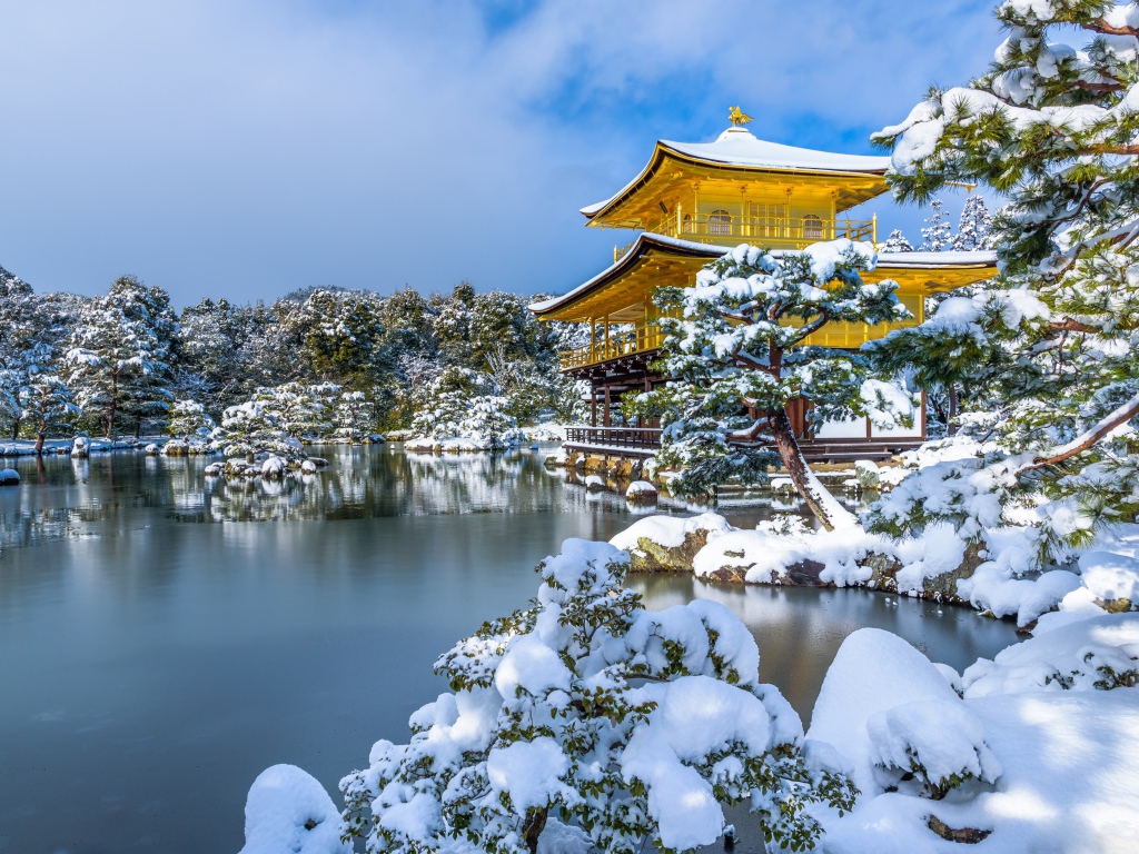 Покрытые снегом деревья и заледеневший пруд у храма Кинкаку-дзи зимой, Япония