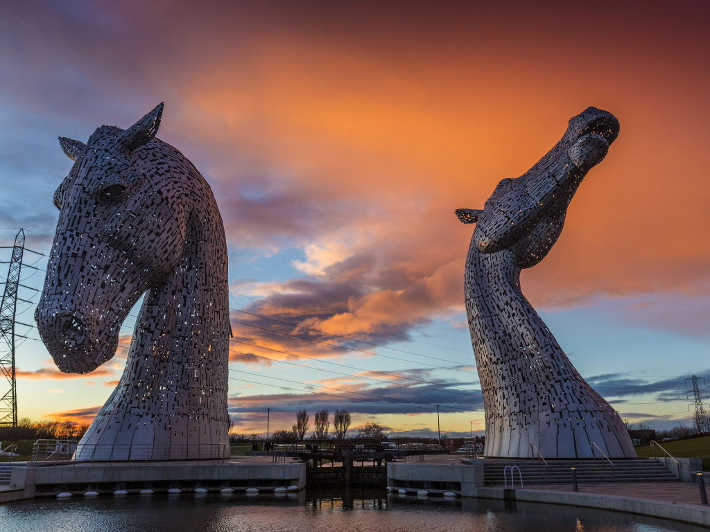 Two horse sculptures against a beautiful sky, Scotland