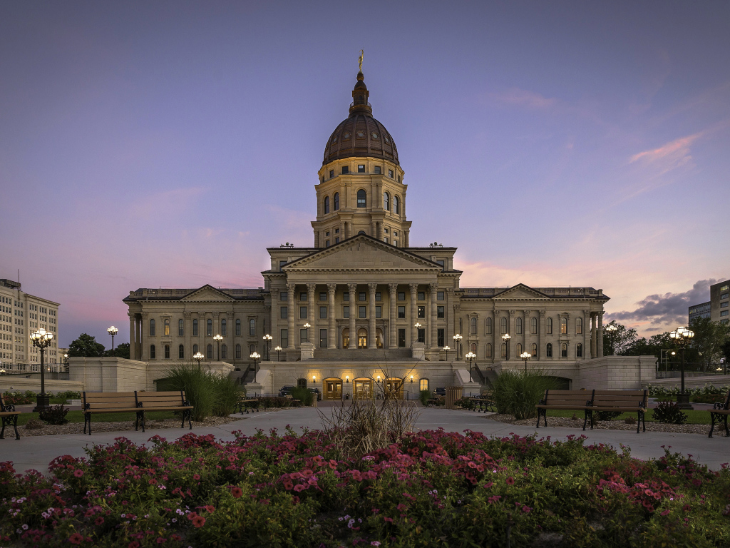 Петунии на клумбе у Капитолия штата Канзас, США 