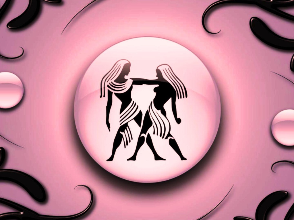 Знак зодиака Близнецы на  розовом фоне с чёрным орнаментом  