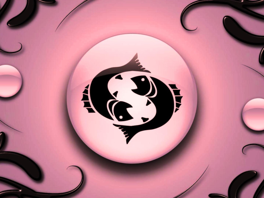 Знак зодиака Рыбы на  розовом фоне с чёрным орнаментом 