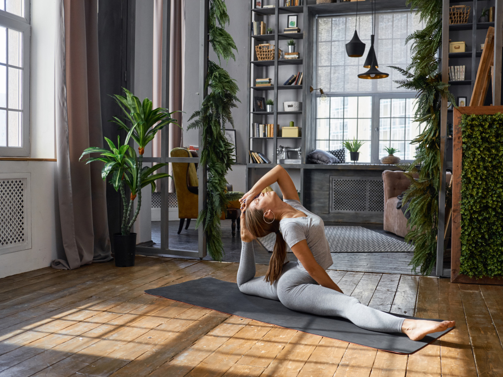 Красивая спортивная девушка шатенка занимается фитнесом