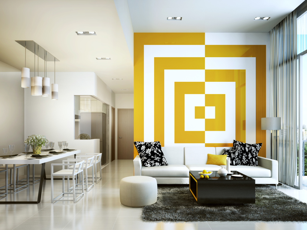 Светлая гостиная с большим окном на балкон