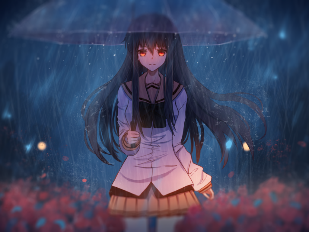 Девушка аниме под зонтом под дождем