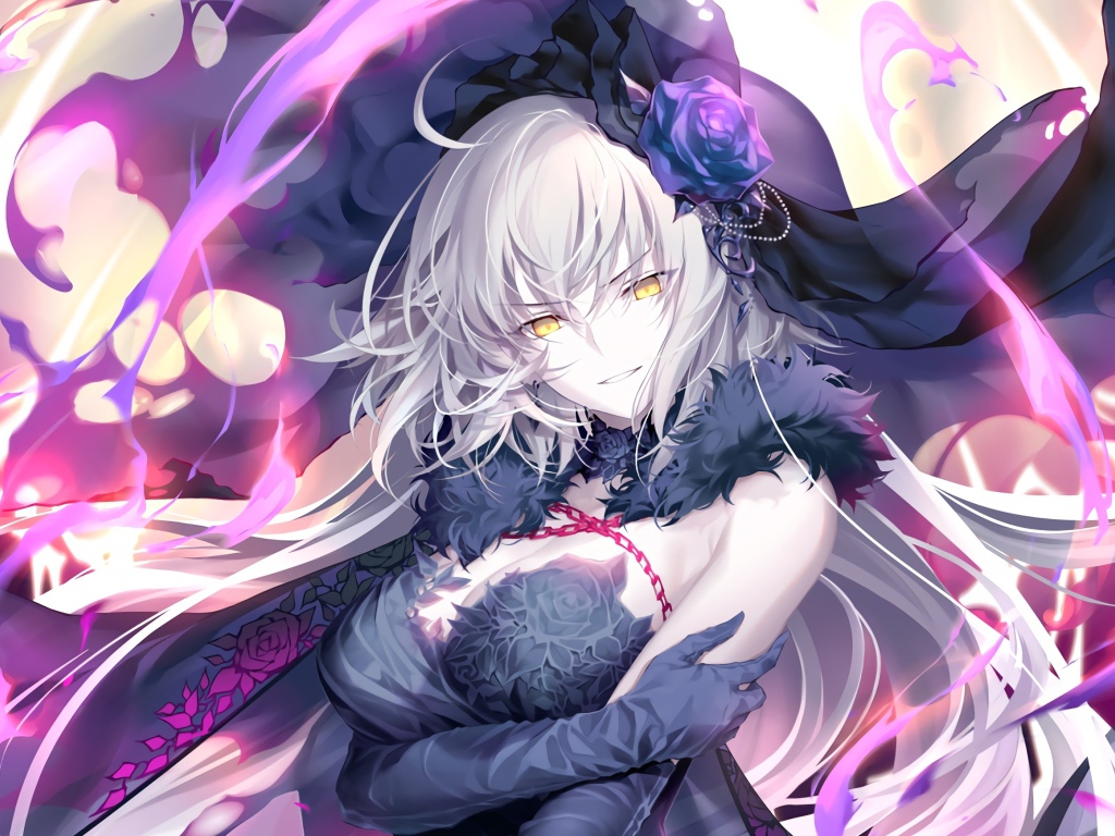 Девушка аниме с желтыми глазами в черной фате