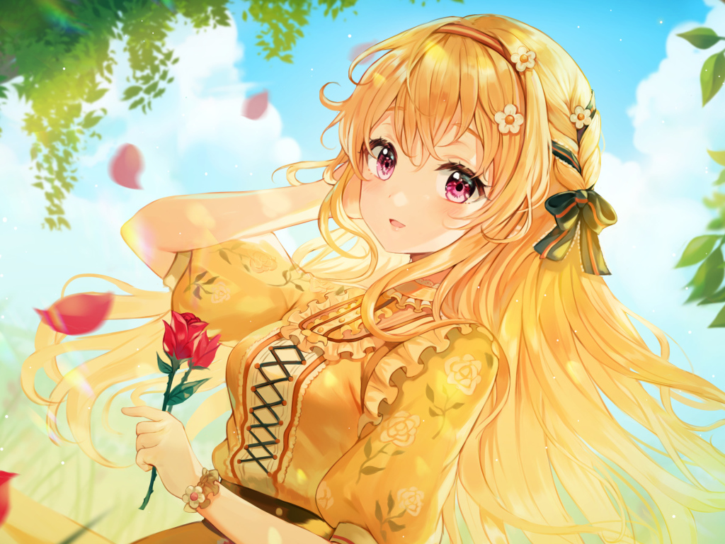 Красивая рыжеволосая девушка аниме с розой в руке
