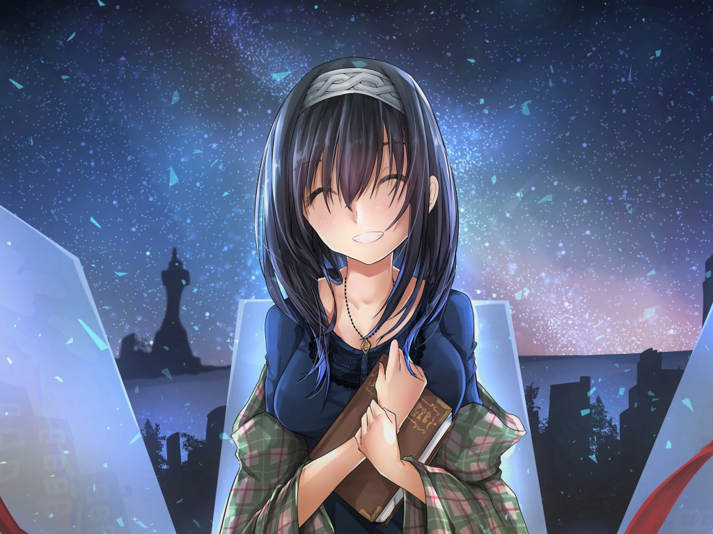 Улыбающаяся девушка аниме с книгой в руках