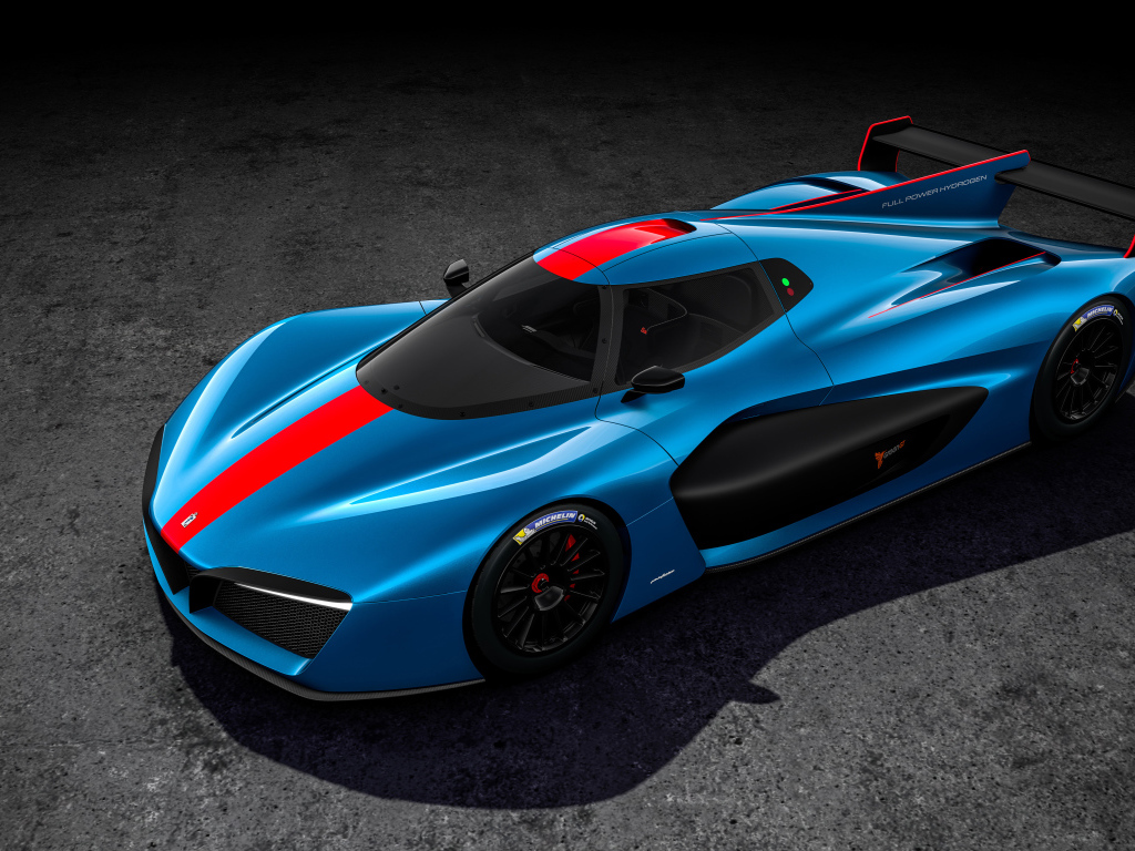 Голубой гоночный автомобиль Pininfarina H2 Speed Front 2018