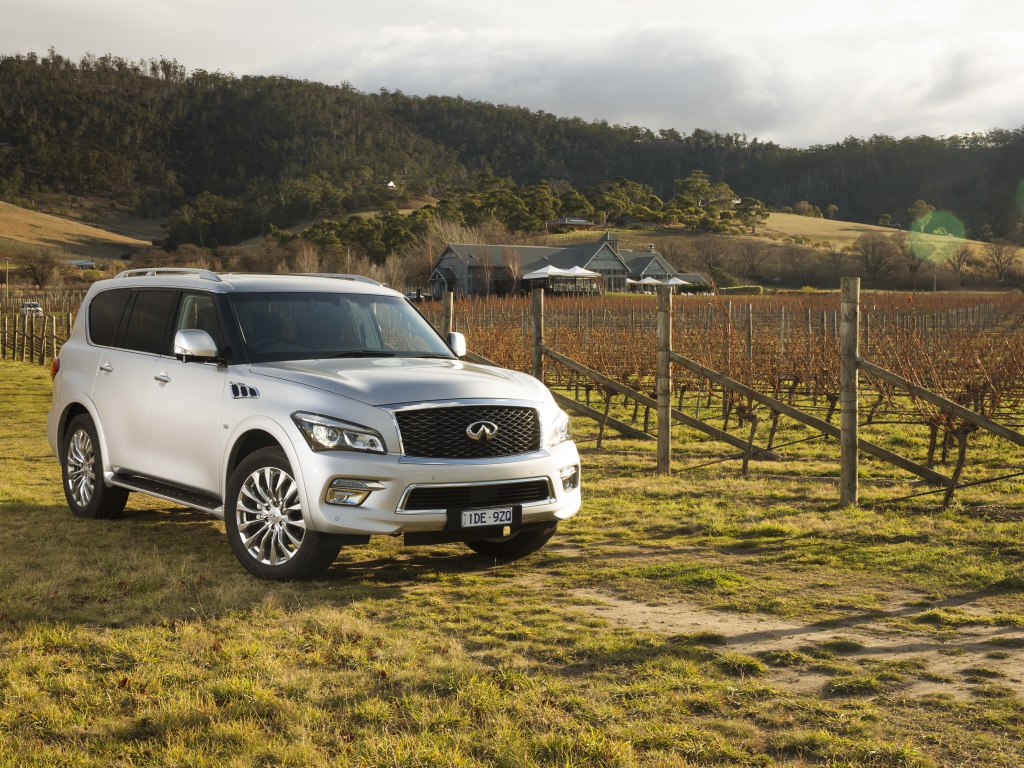Серебристый автомобиль Infiniti QX80 на ферме