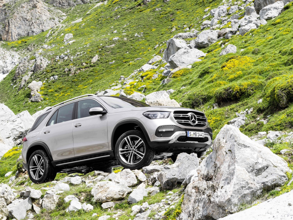 Silver SUV Mercedes-Benz GLE, 2019 in the mountains