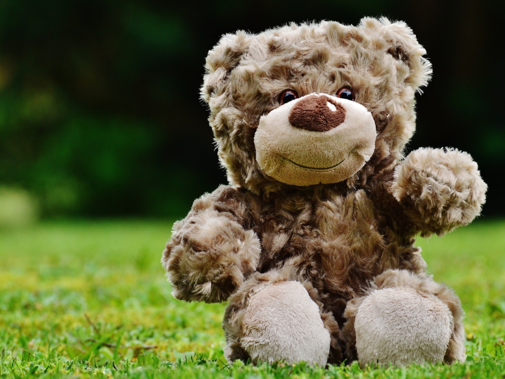 Милый плюшевый мишка сидит на зеленой траве