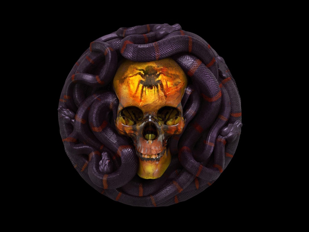 Череп со змеями на черном фоне