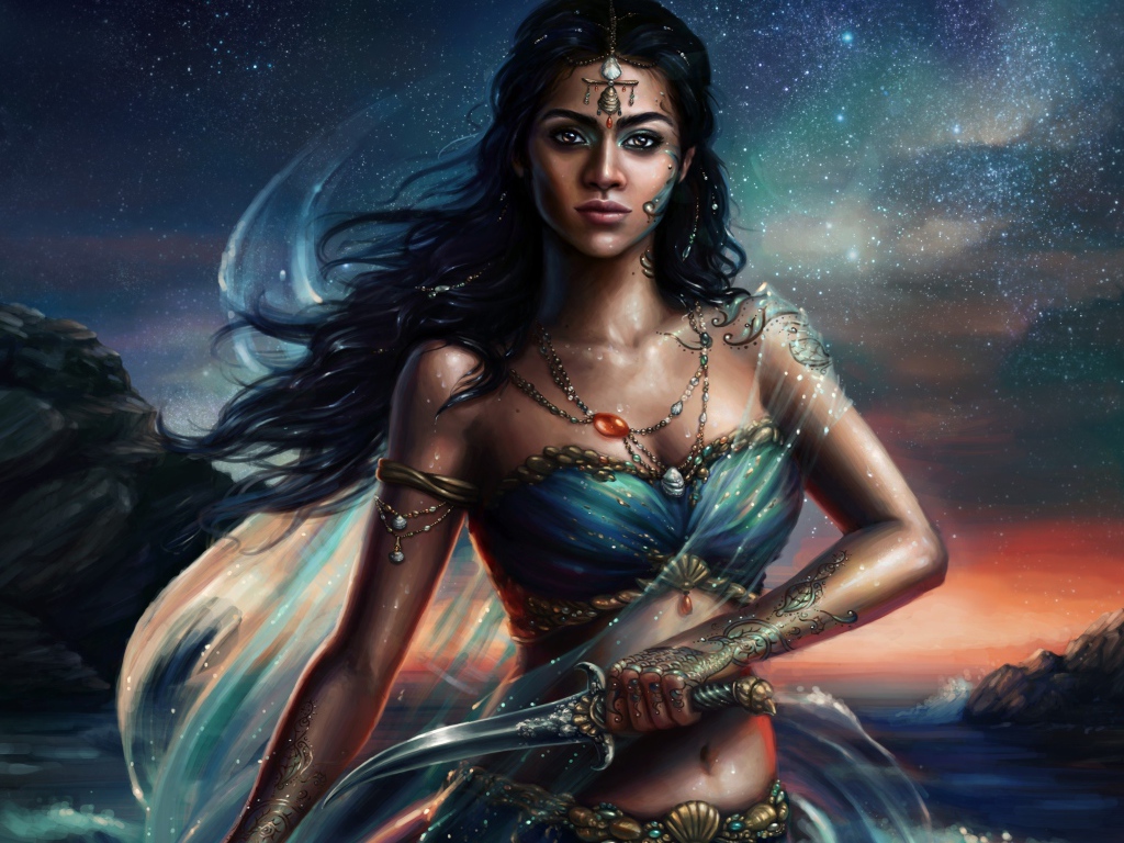 Красивая девушка воин с кинжалом в руках, фэнтези